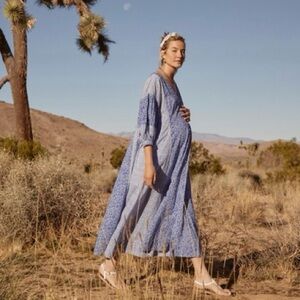 Hatch The Nessa Maternity Dress Sky Wildflower Cotton Maxi Blue 0 XS Cottagecore